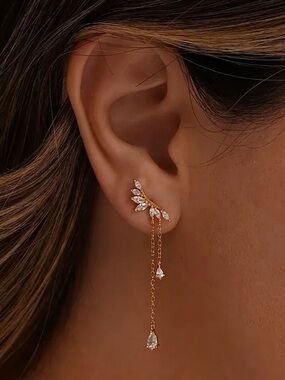 Gold Leaf Crystal Ear Crawler with Dangle Chains Earrings - Women Jewelry